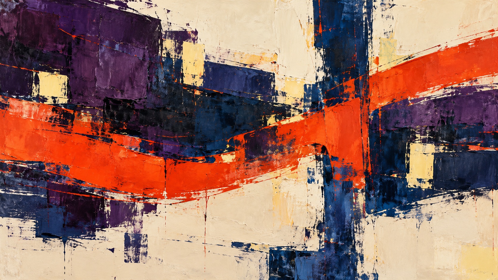 A broad vermilion band crosses separated purple and indigo masses on a scraped pale ground, interrupted by a dark vertical stroke.