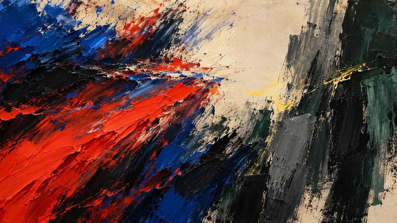 Abstract painting of dense vermilion and ultramarine strokes pressing towards an open raw-canvas interval, opposed by slower dark vertical marks and crossed by a thin yellow passage.