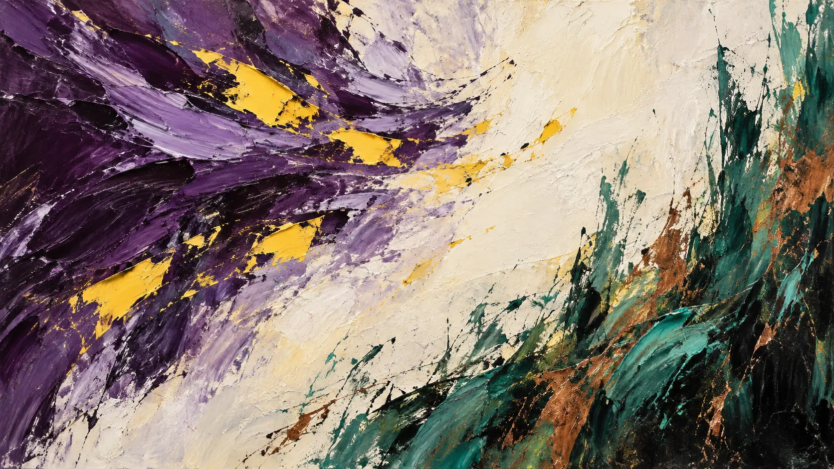 Abstract painting of a fast violet field carrying yellow fragments towards an open pale interval as green-black strokes gather upward from below.