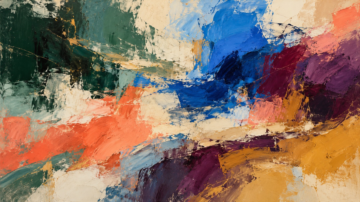 Original abstract painting of contrasting coloured rhythms meeting in an ivory field.