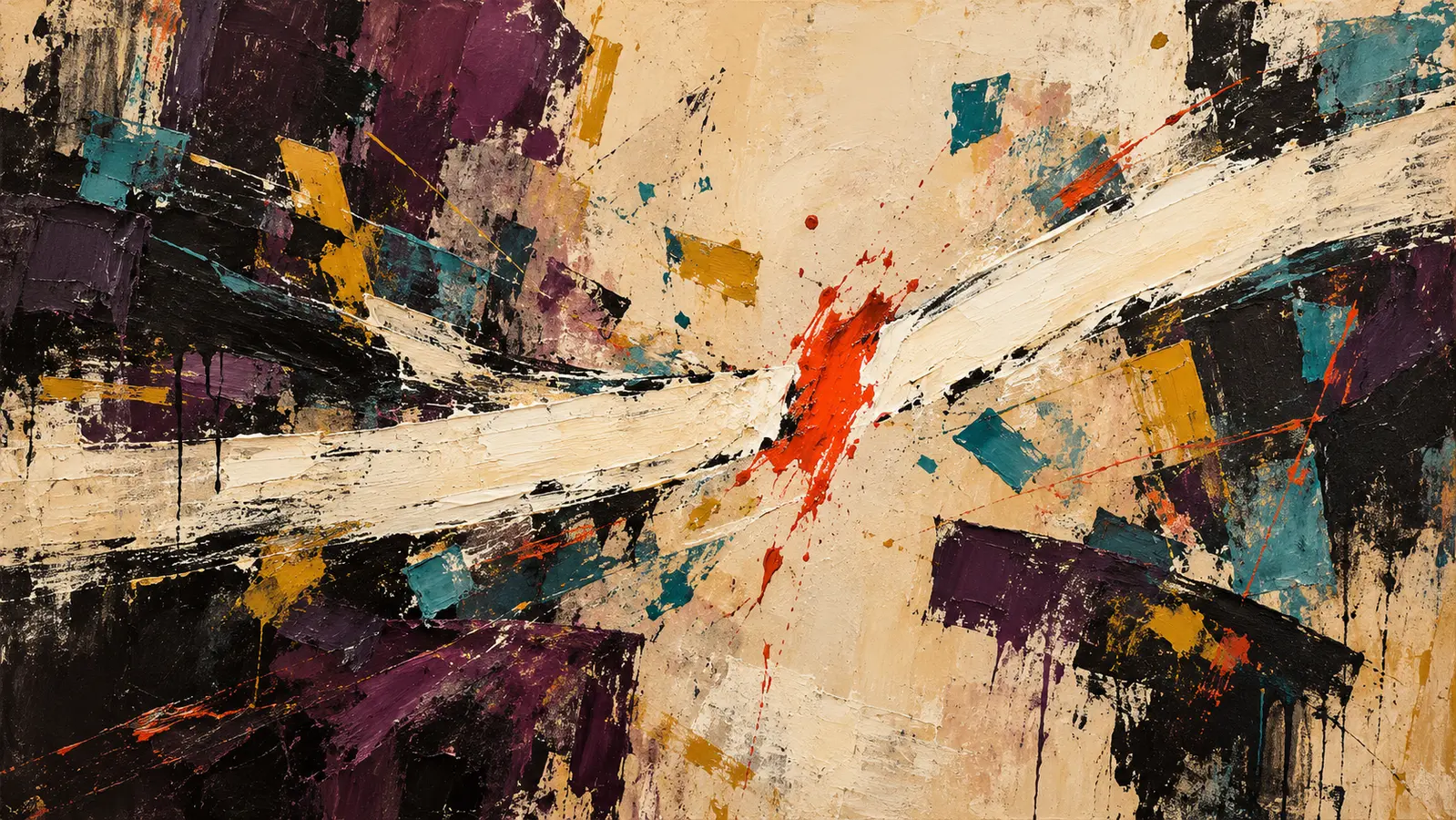 A broad ivory gesture pulls apart at a vermilion rupture while aubergine, black, turquoise and mustard fragments press in from both sides across a scraped bone ground.
